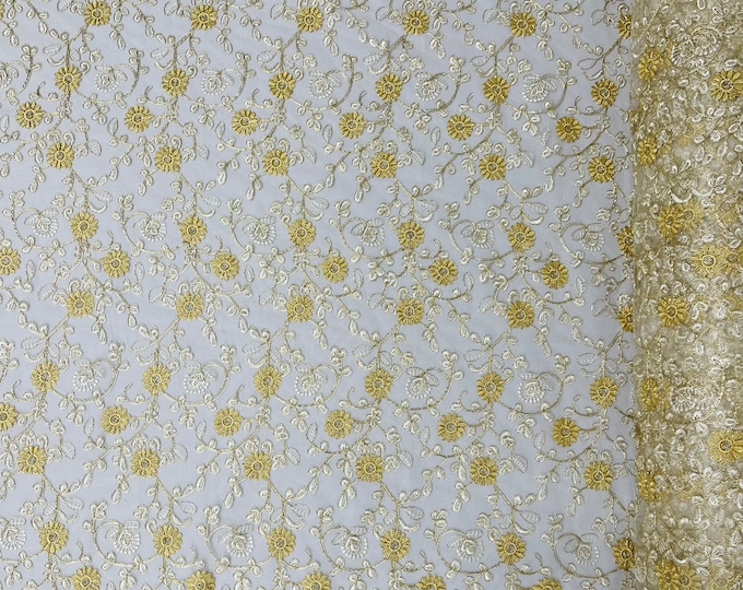 Metallic Gold Flowers With ivory Leaves Embroidered on Ivory Tulle, Corded Lace Fabric by the yard, Multi Colors Floral Design (Pick a Size)