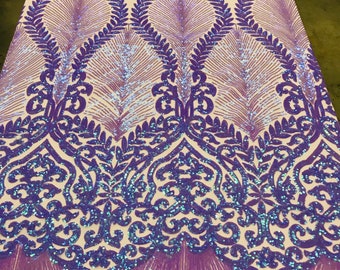 Lilac Iridescent Sequin Damask Fabric – 4 Way Stretch Spandex Mesh, By The Yard