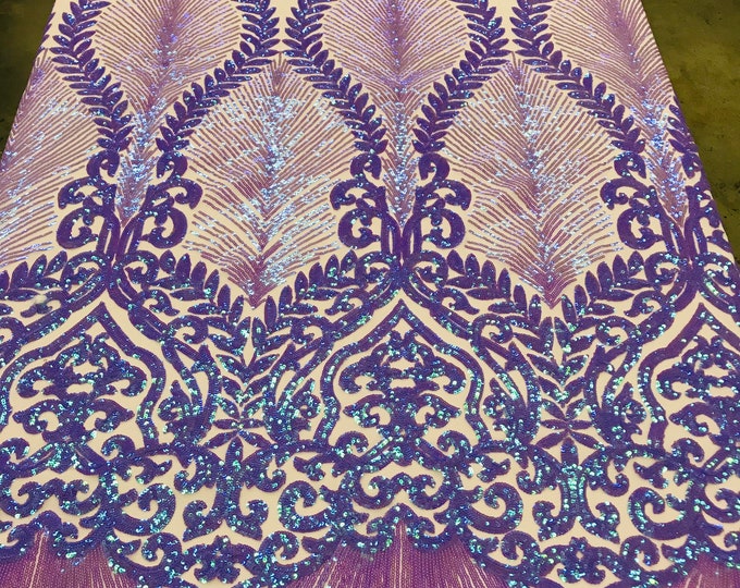 Lilac Iridescent Sequin Damask Design - by the yard - 4 Way Stretch Sequins Fabric On Spandex Mesh-Prom-Gown