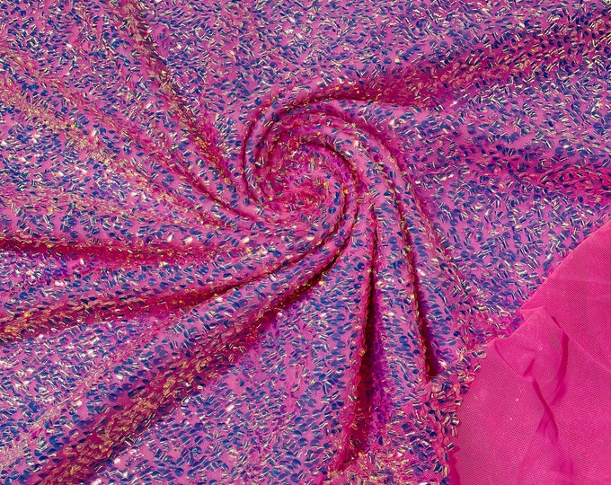 Mia Iridescent Clear Sequin Fabric on Pink Power Mesh, 4 Way Stretch Sequins Fabric By The Yard (Choose The Size)