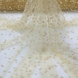 Champagne, Scattered Pearls Studded Mesh, by the yard - 2 Way Stretch, Pearls On Mesh, Scattered Pearls on Mesh, Bead Wedding Bridal Dress