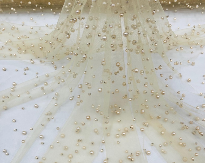 Champagne, Scattered Pearls Studded Mesh, by the yard - 2 Way Stretch, Pearls On Mesh, Scattered Pearls on Mesh, Bead Wedding Bridal Dress
