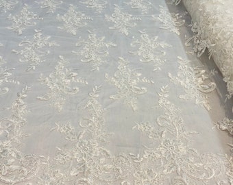 Ivory Lace Fabric: Corded Flower Embroidery with Sequins