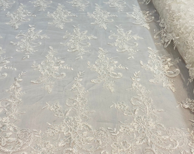 Ivory Lace Fabric, Corded Flower Embroidery With Sequins on a Mesh Lace Fabric By The Yard For Gown, Wedding-Bridal-Dress