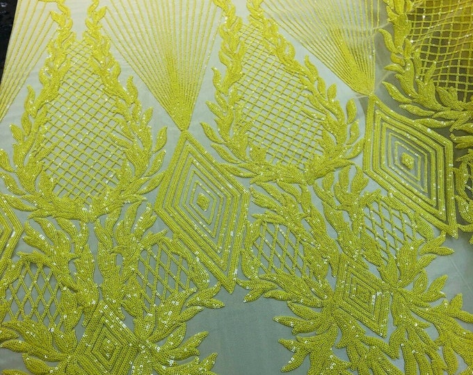 YELLOW Geometric Design On Spandex Mesh-Prom-Gown, 4 Way Stretch Sequin Fabric By The Yard