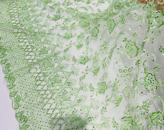 Sage Beaded Sequined Lace Fabric: Embroidered Mesh, Bridal Wedding Dress