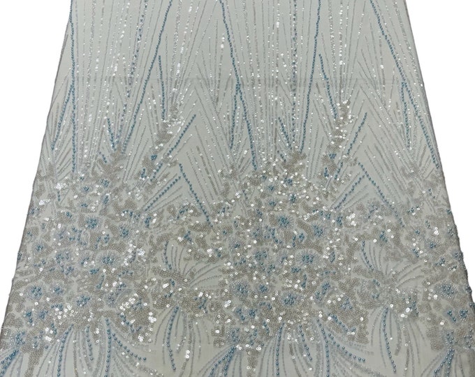 Baby Blue Beaded Fabric by the yard, Bridal Wedding beaded, Floral Damask Pattern With Beads and Sequin, Appliqué lace for bridals