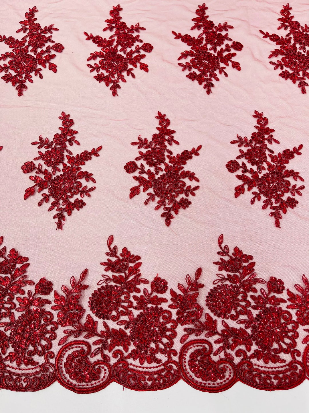 Burgundy Lace Flower Design Embroidered on Mesh Lace Fabric, Floral