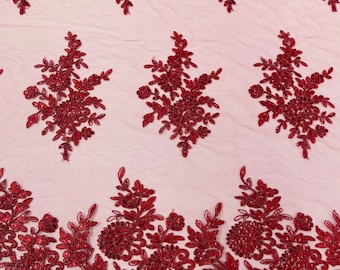 Burgundy Floral Embroidered Lace Fabric: Scalloped Bridal Wedding Dress Lace
