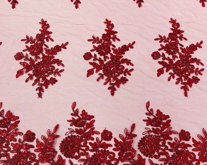 Burgundy Lace Flower Design Embroidered on Mesh Lace Fabric, Floral Bridal Lace Wedding Dress by the Yard (Pick a Size)