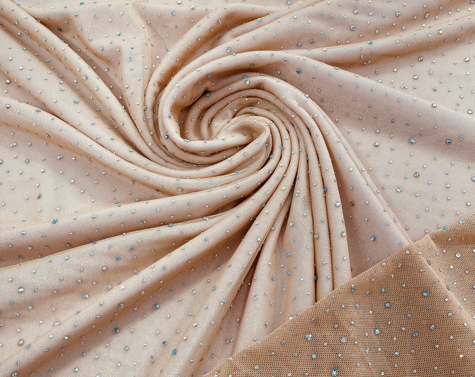 Nude | AB Rhinestones Fabric On Nude Power Mesh Polyester Spandex Fabric With Crystal Stones | AB Rhinestones Fabric sold by the yard