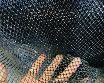Black Rhinestone Fabric On Black Stretch Net Fabric, Spandex Fish Net with Crystal Stones sold by the yard