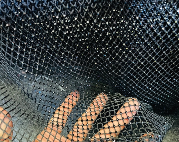 Black Rhinestone Fabric On Black Stretch Net Fabric, Spandex Fish Net with Crystal Stones sold by the yard
