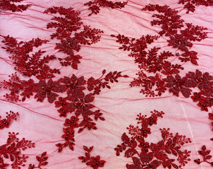 Red Cluster Bead Fabric - Embroidered Flower Beaded Fabric Wedding Bridal Lace Fabric Sold By Yard