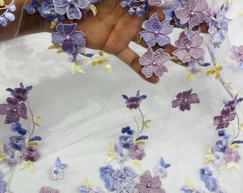 Lilac 3D Floral Lace Fabric with Pearls | Embroidered Mesh, Sold by the Yard Multi Color