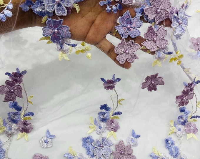 Lilac 3D Floral Lace Fabric with Pearls | Embroidered Mesh, Sold by the Yard Multi Color