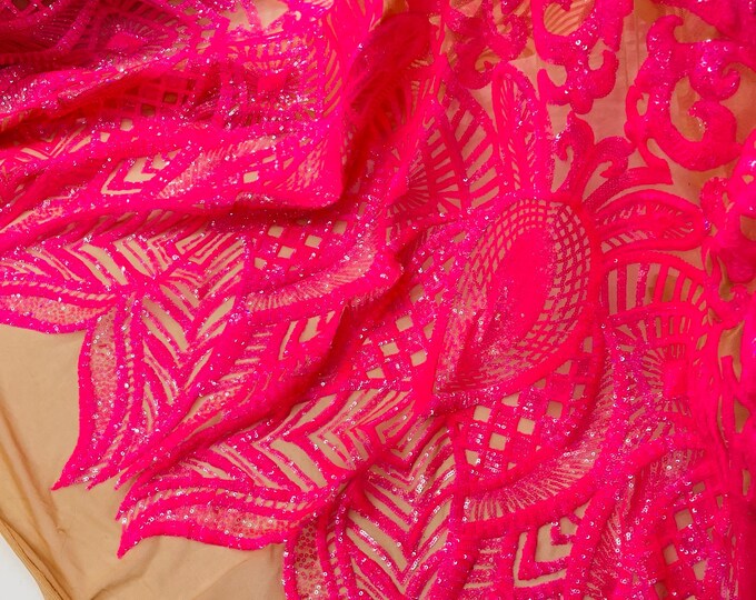 Hot Pink Holographic Sequin Fabric | By The Yard | Nude Mesh 4 Way Stretch Royalty Design Sequins on Mesh Prom Gala Gown Fabric