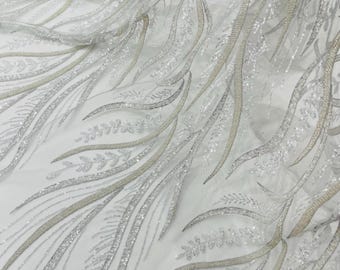 Silver Beaded Lace Fabric: Embroidered Floral Mesh, Bridal Gown Material