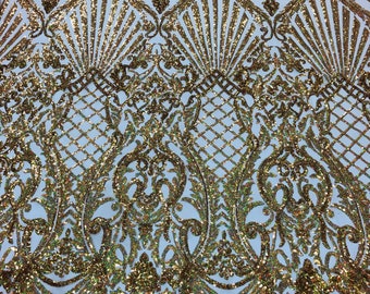 Gold Holographic Sequin Damask Fabric - 4 Way Stretch Lace Mesh, By The Yard