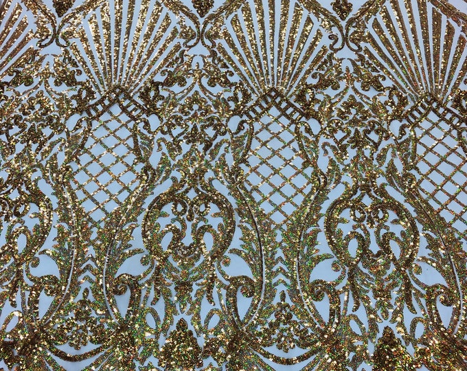 Holographic Gold Sequin Damask Selena Design on a 4 Way Stretch Sequin Lace Mesh - Prom Gala Gown Fabric By Yard