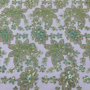 Sage Floral Sequin Lace Fabric: Hologram Metallic Thread, Scalloped Edge