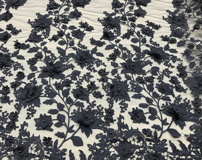Navy 3D Floral Design Embroider and Beaded With Pearls On a Mesh Lace-Prom-Dresses-Nightgown-Apparel-Fashion By The Yard