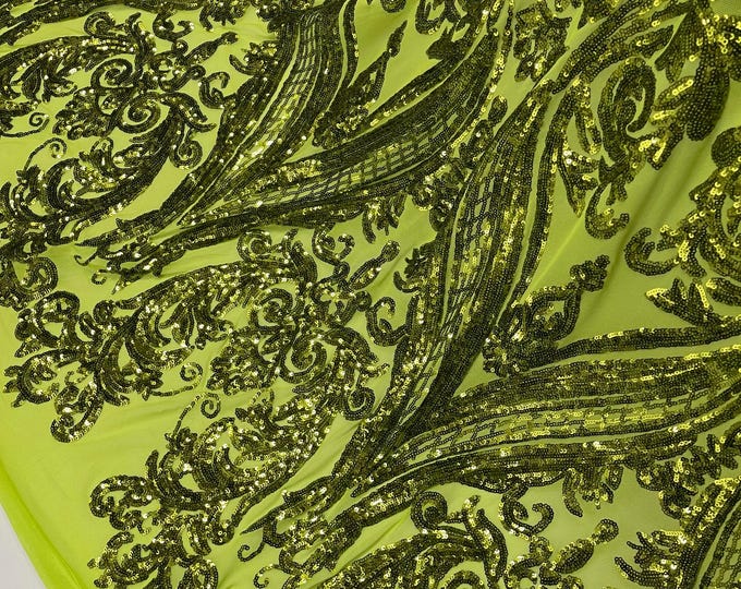Olive Sequin Fabric by the yard - on Lime Green Power Mesh, Big Damask Design 4 Way Stretch Sequins Fabric Prom-Gown