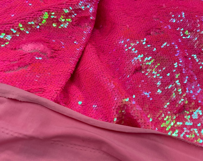 Iridescent Pink Flip Up Sequins Reversible, 2-Way Stretch 58/60” Sequin Fabric Dresses-Nightgowns-Prom Gown (Choose The Size)