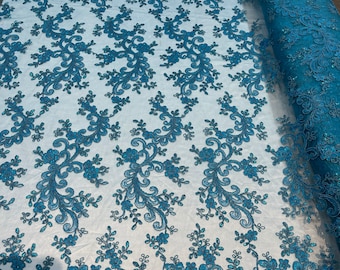 Turquoise Floral Lace Fabric: Sequined Embroidery Mesh, Bridal Gown Fabric By The Yard