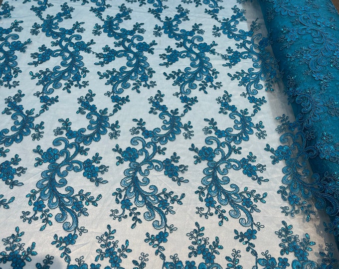 Turquoise Floral Lace Fabric, Embroidery With Sequins on a Mesh Lace Fabric By The Yard For Gown, Wedding-Bridal (Choose The Quantity)
