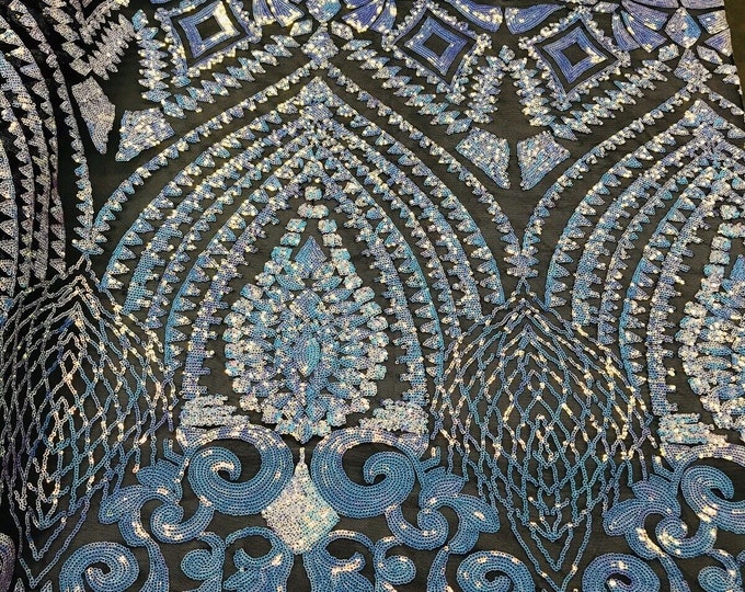 Aqua Iridescent/Black - 4 Way Stretch Geometric Sequins Bella Design on Mesh Fabric for Prom Gala Gown Sold By The Yard