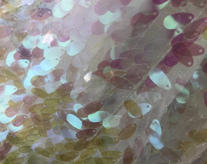 Iridescent Hologram Oval Tear Drop Sequins Fabric - Iridescent Clear Pink - Mermaid Fabrics Dresses-Nightgowns-Prom Gown (Pick a Size)