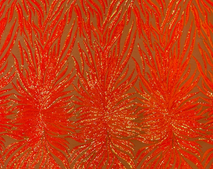 Orange Iridescent Sequin, Orange Mesh - 4 Way Stretch Sequin Fabric Spandex Mesh-Prom-Gown By The Yard