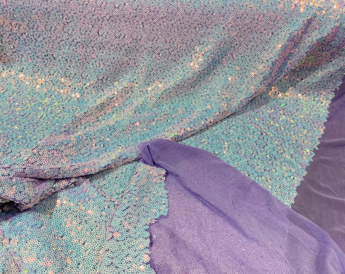 Iridescent Unicorn Mini Glitz Sequins on Lilac Spandex Mesh, 4Way Stretch Sequin Fabric Dresses-Nightgowns-Prom Gown (Choose The Size)