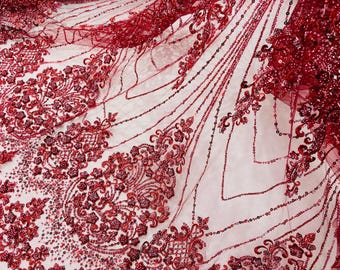 Burgundy Beaded Fabric By The Yard, Luxury Geometric Design Beads and Sequins, Beaded Fabric Embroidered on a Mesh Lace,Wedding,Bridal,Dres