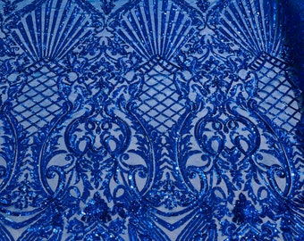 Royal Blue Sequin Damask Lace Fabric – 4-Way Stretch Mesh, Prom Gown