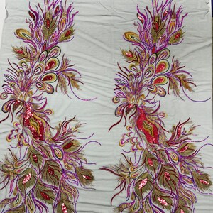Royalty Feathers Peacock with Embroidery sequins on stretch Mesh Lace Fabric (By 3 Panels) Black main image 0