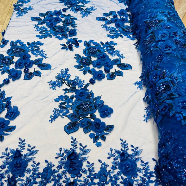 Royal blue 3d floral design embroider with beads and pearls on a mesh lace-prom-nightgown-sold by yard. main image 1