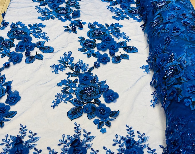 ROYAL BLUE 3D Floral Design Embroider and Beaded With Pearls On a Mesh Lace-Prom-Dresses-Nightgown-Apparel-Fashion By The Yard