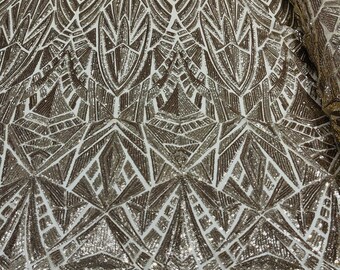 Gold Sequins on Nude Mesh, Geometric Design Embroidered on Mesh 4way Stretch Sequin By Yard