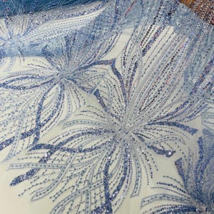 Blue Embroidery Beaded Fabric With Sequin on a Mesh, Blue Beaded Fabric Floral Bridal Lace Fabric by the yard