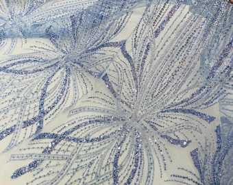 Blue Floral Beaded Lace Fabric: Embroidered Sequin Mesh, Bridal Fabric