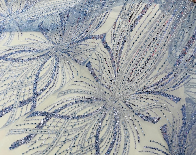Blue Embroidery Beaded Fabric With Sequin on a Mesh, Blue Beaded Fabric Floral Bridal Lace Fabric by the yard