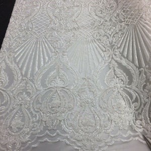 White Sequin Damask Design  - Selena Design on a 4 Way Stretch Sequin Lace Mesh - Prom Gala Gown Fabric By Yard