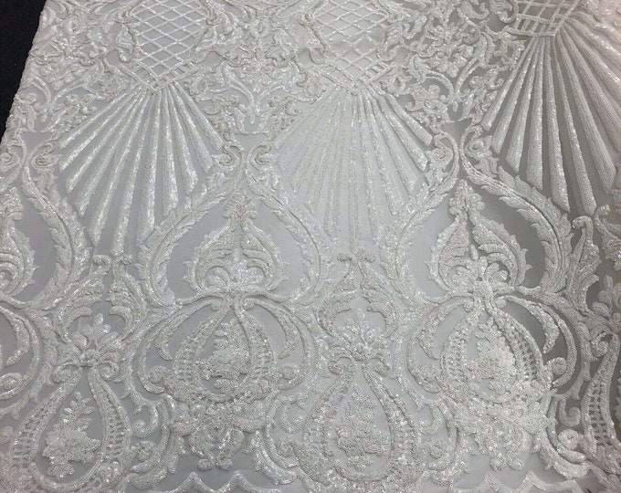 White Sequin Damask Design  - Selena Design on a 4 Way Stretch Sequin Lace Mesh - Prom Gala Gown Fabric By Yard