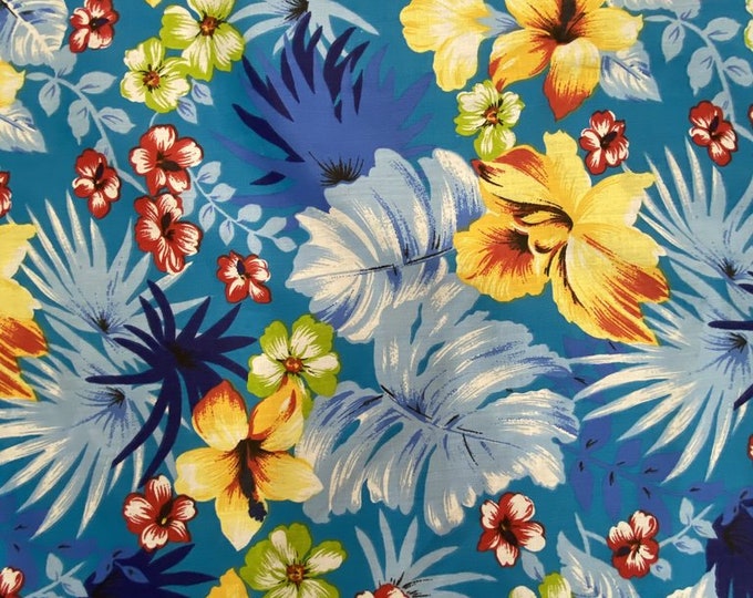 Mia's Fabrics Inc, Aqua Hawaiian Print Tropical Poly Cotton Fabric Floral 60" By Yard (Pick a Size)