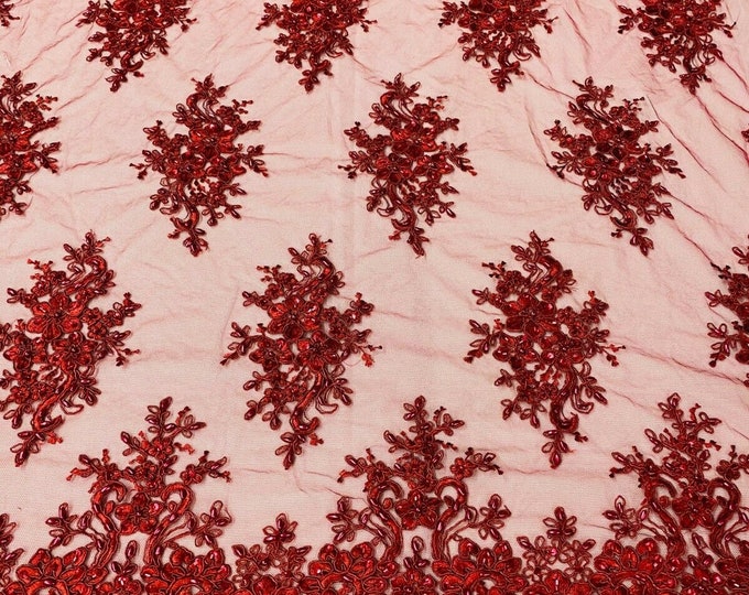 Burgundy Cluster Bead Fabric - Embroidered Flower Beaded Fabric Wedding Bridal Sold By Yard
