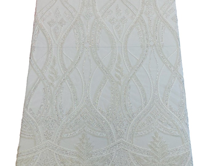 White Fashion Design Bead Damask Fabric, Embroidered Elegant Design With Beads and Sequins on a Mesh Sold By The Yard