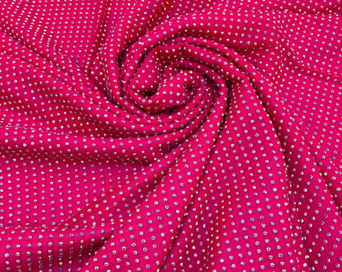 Iridescent Rhinestones Fabric On Fuchsia Power Mesh Nylon Spandex With Crystal Stones, AB Rhinestones sold by the yard
