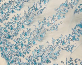 Blue Hologram Sequin Butterfly Lace Fabric: Metallic Corded Embroidery with Sequins